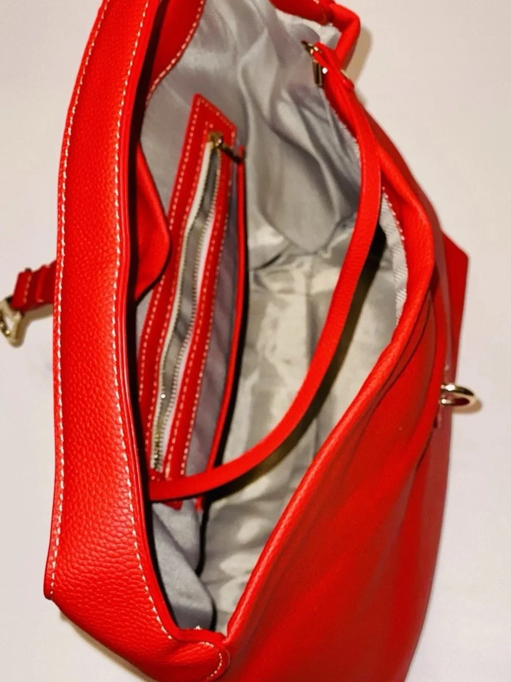 RED FAUX LEATHER HOBO BAG-Has Pebble Grain Feel To Outside And Faux Gold Accents
